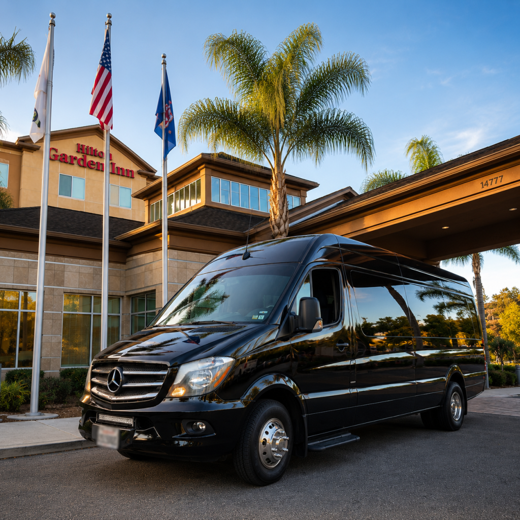 black mercedes sprinter van in hilton garden inn hotel | Redlands Limo Service Black Mercedes Shuttle Van Parked at the Entrance of a Hilton Garden Inn, with Palm Trees and Flagpoles Nearby.