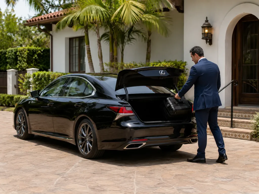 redlands-to-lax-lexus-sedan-luggage-loading | Redlands Limo Service Executive Car Service Redlands Vehicle Waiting Outside a Local Office Building