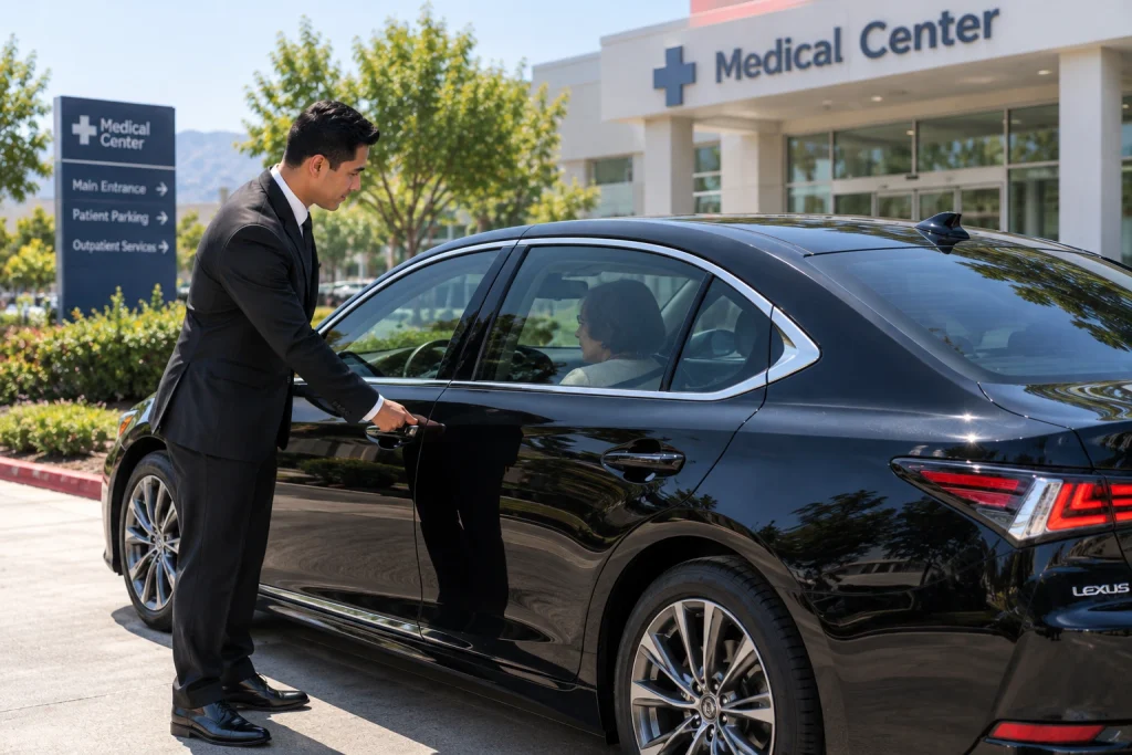 Chauffeur helping a passenger into a sedan for medical appointment transportation in Redlands